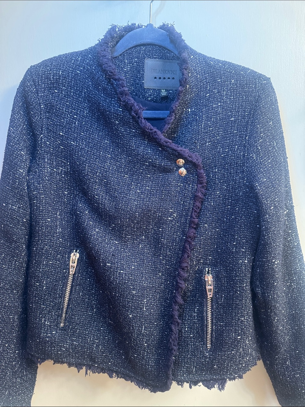 Blank NYC Navy Bouclé Fringe Zip Blazer with Gold Accents